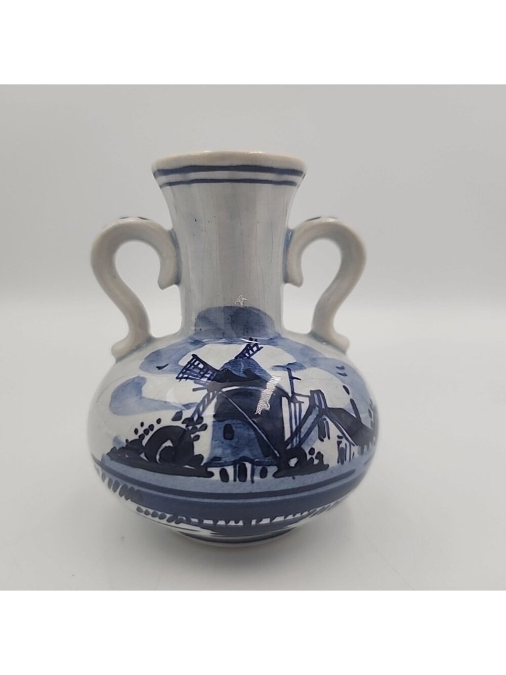 Pyramide Blue Delft Porcelain Bud Vase Two-Handle Windmill Vintage 3"